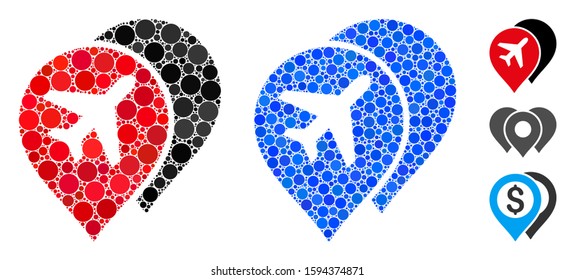 Airport markers mosaic of small circles in different sizes and shades, based on airport markers icon. Vector small circles are organized into blue mosaic.