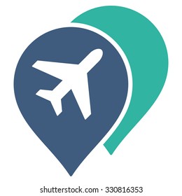 Airport Markers vector icon. Style is flat bicolor cobalt and cyan symbol, rounded angles, white background.
