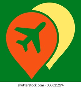 Airport Markers vector icon. Style is flat bicolor orange and yellow symbol, rounded angles, green background.