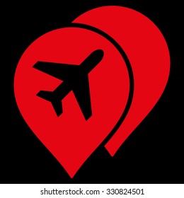 Airport Markers vector icon. Style is flat red symbol, rounded angles, black background.