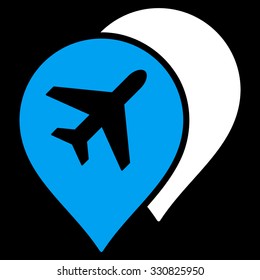 Airport Markers vector icon. Style is flat bicolor blue and white symbol, rounded angles, black background.