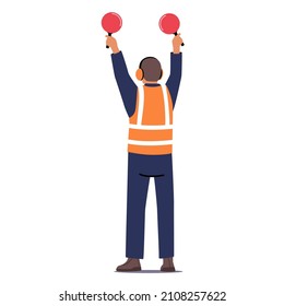 Airport Marshaller Male Character with Light Signs Signaling to Plane at the Airport Runway. Aircraft Ground Handling, Aviation Marshal, Traffic Control Worker. Cartoon People Vector Illustration