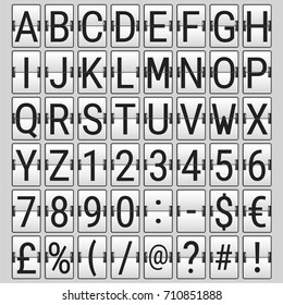 Airport Mechanical Flip Board Panel Font. Letters, Numbers and Special Characters. Black Symbols on a Light Background. Vector Illustration.