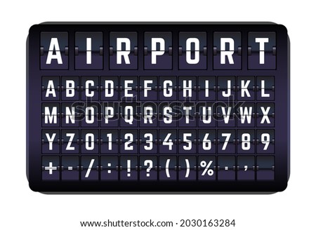 Airport mechanical flip board panel font. White letters on dark background. Terminal scoreboard for flight information. Alphabet chart info display panels. Automatic schedule cartoon vector