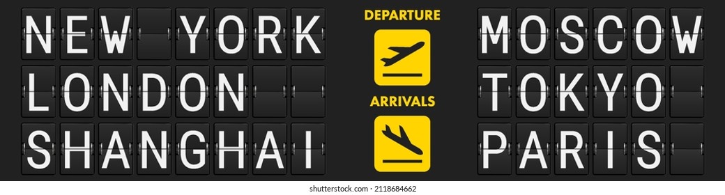 Airport mechanical scoreboard. Equipment board message departures and arrivals flight. Flipping departure countdown. Schedule arriving for travel. 3D realistic vector illustration.