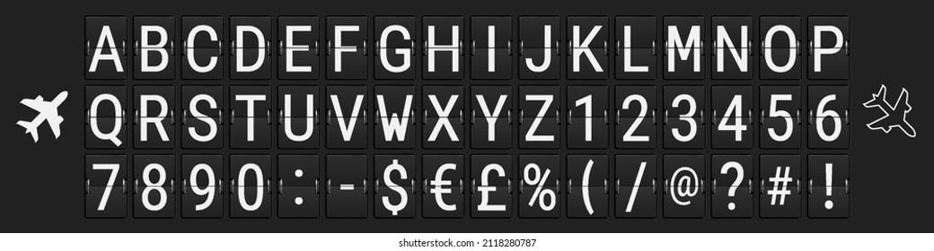 Airport mechanical scoreboard font. Equipment board message departures and arrivals flight. Flipping departure countdown alphabet. Schedule arriving train for travel. 3D realistic vector illustration.