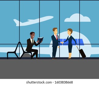 Airport. Meeting and handshake of two businesspartners in suits. Woman with a suitcase on wheels. Takeoff. Man sits on a bench and reading a book. Large glass window in the airport hall. Vector.