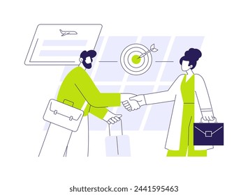 Airport meeting room abstract concept vector illustration. Group of multiethnic people in negotiations face-to-face in airport, business class travel, diverse partners meeting abstract metaphor.