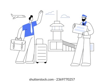 Airport meeting service abstract concept vector illustration. Businessman meeting by a man with a nameplate, first class travel, luxury trip, guest greeting, company executive abstract metaphor.