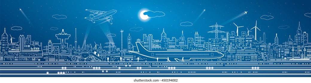 Airport mega panorama, aircraft on runway, airplane takeoff, transport and infrastructure, night city on background, vector design art