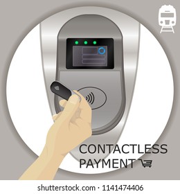 Airport, metro, subway ticket terminal for wireless payments. RFID. Hands holding wireless, contactless fob, keychain for payments at transport payment gate. Contactless. Vector. 