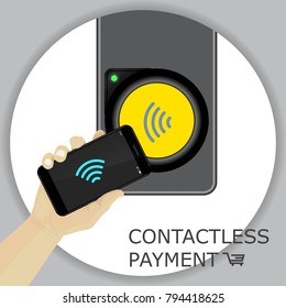 Airport, metro, subway ticket terminal for wireless payments. RFID. Hand holding smartphone for transport payment gate. Contactless. Vector.