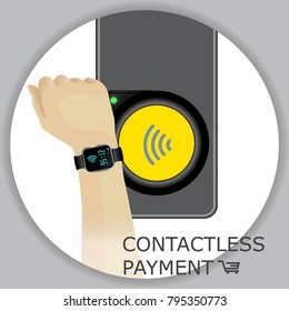 Airport, metro, subway ticket terminal for wireless payments. RFID. Hand with smartwatch for transport payment gate. Contactless. Vector.
