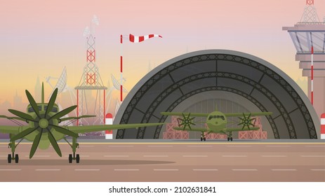 Airport With Military Aircraft, Runway And Flight Control Point. Vector.