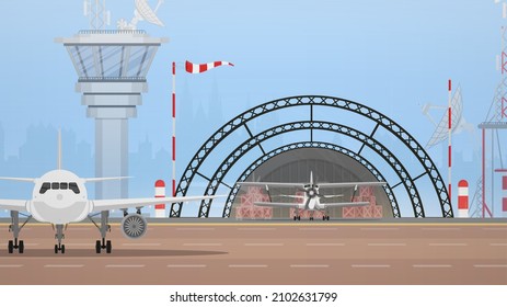 Airport with military aircraft, take-off strip and flight control point. Vector.