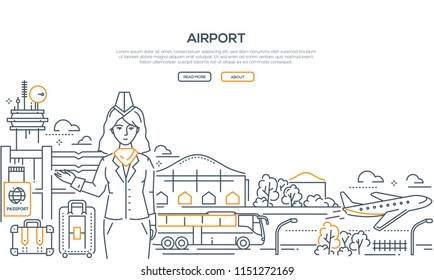 Airport - Modern Line Design Style Illustration With Place For Your Text. A Composition With A Female Flight Attendant, Plane, Passport, Baggage, Transfer, Bushes, Trees, Lanterns. Travelling Concept