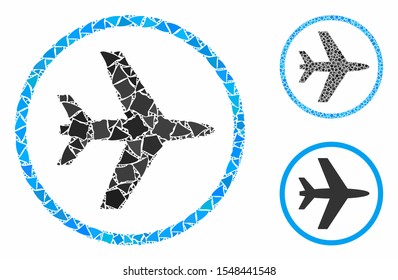 Airport mosaic of bumpy parts in variable sizes and color tinges, based on airport icon. Vector bumpy parts are composed into mosaic. Airport icons collage with dotted pattern.