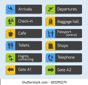 Airport navigation design signboard set with plane arrival departure passport and luggage control icons isolated vector illustration