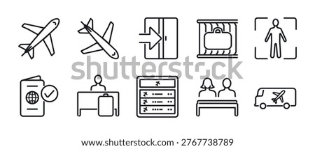 Airport Navigation Line Icons Set – Clean outline icons set with flat minimalist style for airport navigation and wayfinding Departure, Arrival, Boarding Gate, Baggage Claim, Security Check, Passport Control, Check-in, Flight Info, Shuttle.
