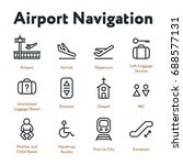 Airport Navigation Wayfinding Minimal Flat Line Outline Stroke Icon Set. Arrival, Departure, Elevator, Escalator, Chapel, Mother and Child Room.
