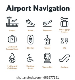 Airport Navigation Wayfinding Minimal Flat Line Outline Stroke Icon Set. Arrival, Departure, Elevator, Escalator, Chapel, Mother and Child Room.
