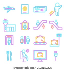 Airport Neon Icons Isolated. Vector Illustration of Glowing Bright Led Lamp over White Symbols.