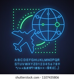 Airport neon light concept icon. International flight idea. Travelling by plane. Glowing sign with alphabet, numbers and symbols. Vector isolated illustration