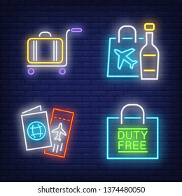 Airport neon sign set. Luggage, shopping bag with plane, alcohol, flight ticket. Colorful billboard, bright banner. Vector illustration in neon style for topics like travel, departure, duty free