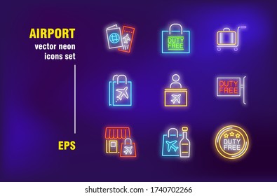 Airport neon signs set. Duty free market, plane tickets, luggage service, check in desk. Night bright advertising. Vector illustration in neon style for banners, posters, travel flyers design