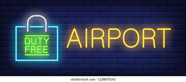 Airport neon sing. Glowing inscription with duty free paper packet on brick wall background. Can be used for airport, duty free zone, duty free  shops