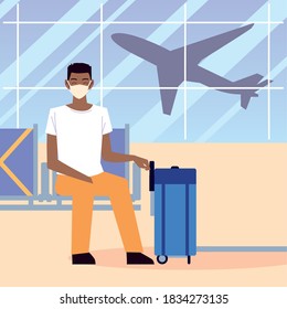 airport new normal, afro american man with mask and suitcase sitting waiting vector illustration