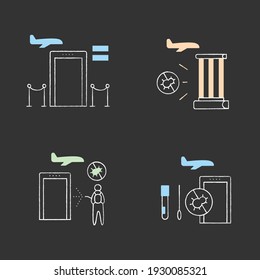 Airport New Normal Chalk Icons Set.Consists Of Ultraviolet Cleaning, Sanitizing, Covid19 Testing. Safe Rules Concept.Isolated Vector Illustrations On Chalkboard