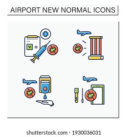 Airport New Normal Color Icons Set.Consists Of Ultraviolet Cleaning, Handwashing Stations, Corona Testing. Safe Rules Concept.Isolated Vector Illustrations