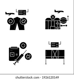 Airport new normal glyph icons set. Consists of covid19 testing, airport robotizing, social distancing. Safe rules concept. Isolated vector illustrations. Editable stroke