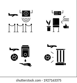 Airport New Normal Glyph Icons Set. Consists Of Ultraviolet Cleaning, Handwashing Station, Waiting Area. Safe Rules Concept.Filled Flat Sign. Isolated Silhouette Vector Illustration