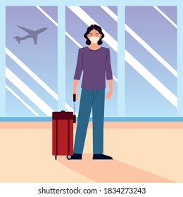 airport new normal, happy man wearing protective mask with suitcase vector illustration