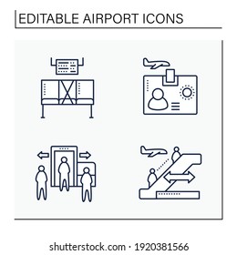Airport new normal line icons set. Consists of biometric id, distance between checkpoints and on excavator etc. Safe rules concepts. Isolated vector illustrations. Editable stroke