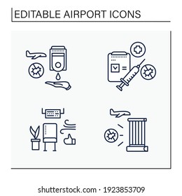 Airport new normal line icons set. Consists of sanitization, handwashing station, uv cleaning. Safe rules concepts. Isolated vector illustrations. Editable stroke