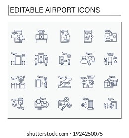 Airport new normal line icons set. Consists of covid-19 testing, biometric id, distance between checkpoints and on excavator etc. Safe rules concept. Isolated vector illustrations.Editable stroke