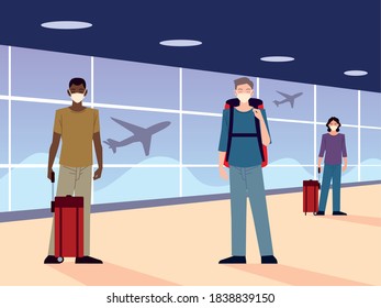airport new normal, people with masks and physical distancing vector illustration