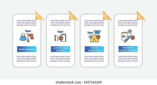 Nuevas infografías vectoriales normales del aeropuerto. Elementos de diseño de la plantilla de reglas de vuelo seguras. Presentación de la atención de la salud con 4 pasos. Protección contra diseño covid19, gráfico de información, banner
