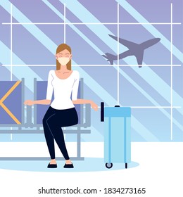 airport new normal, woman with mask and suitcase sitting waiting vector illustration