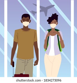 airport new normal, young travelers with luggage waiting vector illustration