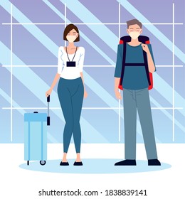 airport new normal, young woman and man with bagagge and proective masks vector illustration