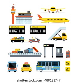 Airport Object Flat Design Set, Plane, Vehicles, Terminal, Transportation