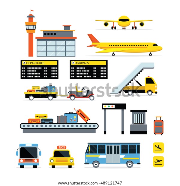 Airport Object Flat Design Set, Plane,\
Vehicles, Terminal,\
Transportation