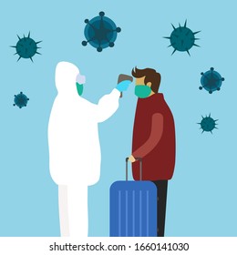 Airport officer measuring the temperature of a man in medical mask with medical digital infrared thermometer. Coronavirus epidemic outbreak. Covid-19 checkpoint concept vector illustration.