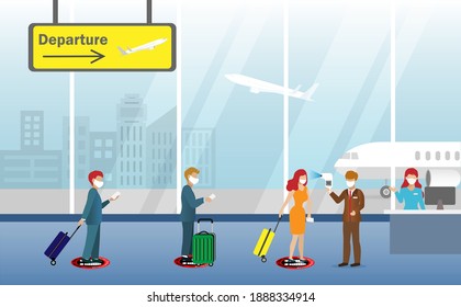 Airport Officer Using Infrared Thermometer Checking Passengers Temperature At Check In Counter. Idea For New Normal, Social Distancing During COVID-19 Coronavirus Pandermic.