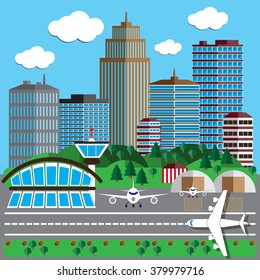 Airport on the background of the city. Vector illustration.