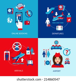 Airport online booking departures arrivals flat icons set isolated vector illustration